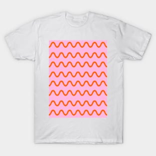 Wavy, Squiggly Lines, Orange on Pink T-Shirt